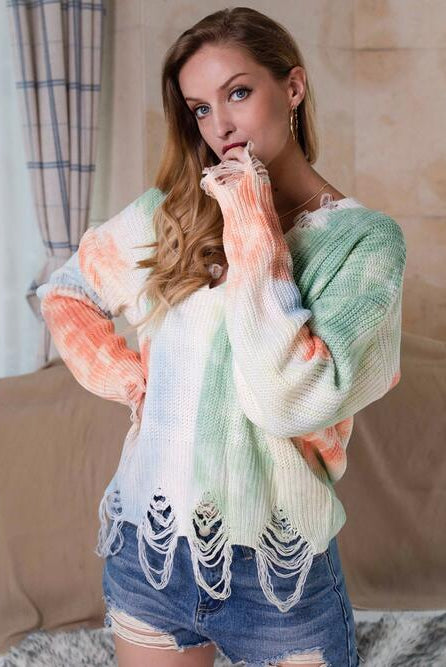 Tie-Dye V-Neck Long Sleeve Sweater - GemThreads Boutique