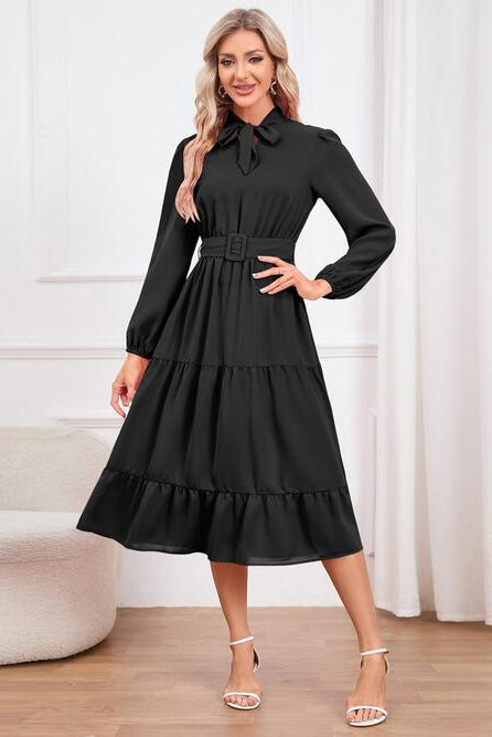 Tie Neck Long Sleeve Tiered Dress - GemThreads Boutique