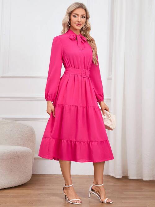 Tie Neck Long Sleeve Tiered Dress - GemThreads Boutique