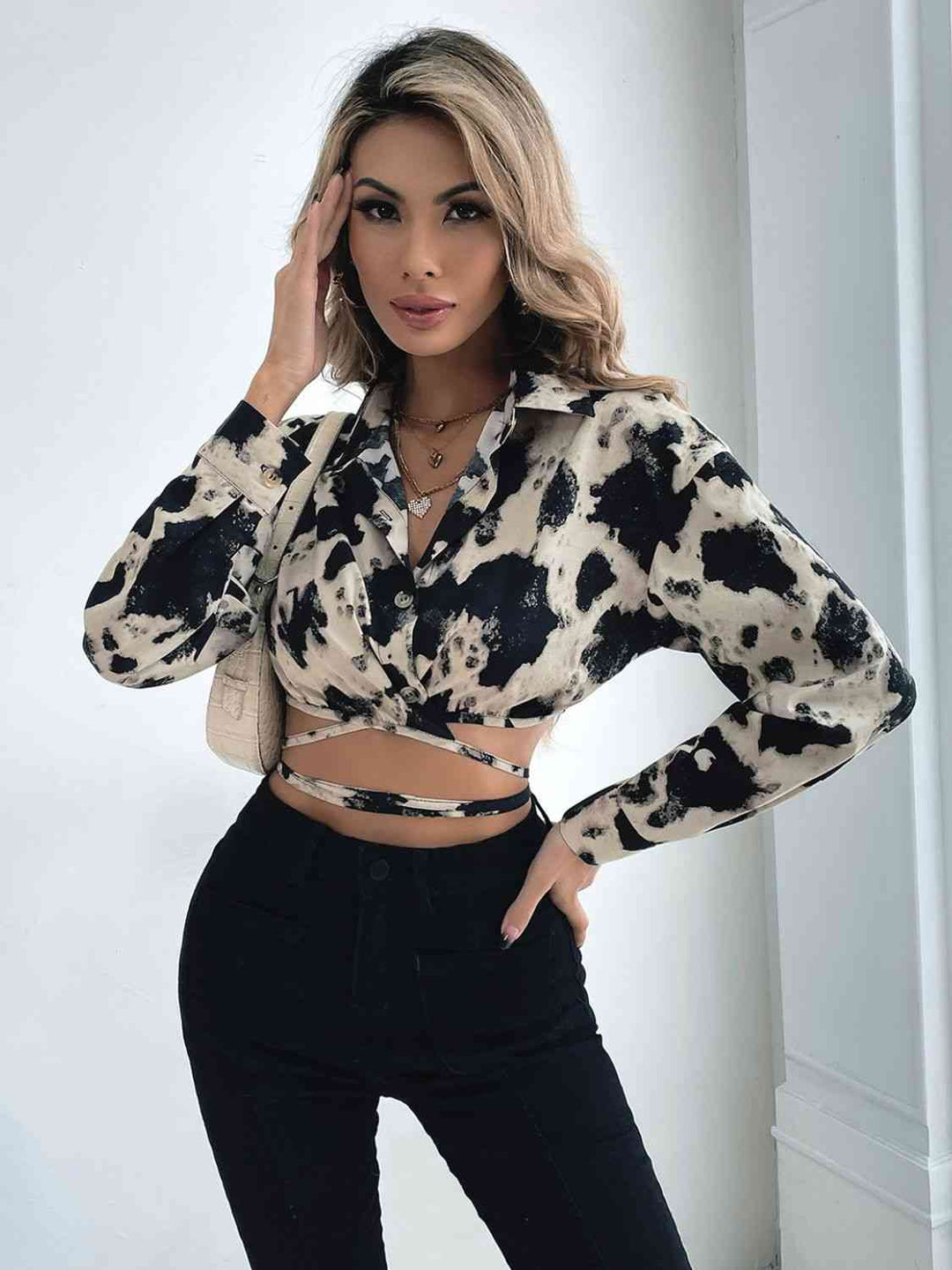 Tied Long Sleeve Cropped Shirt - GemThreads Boutique