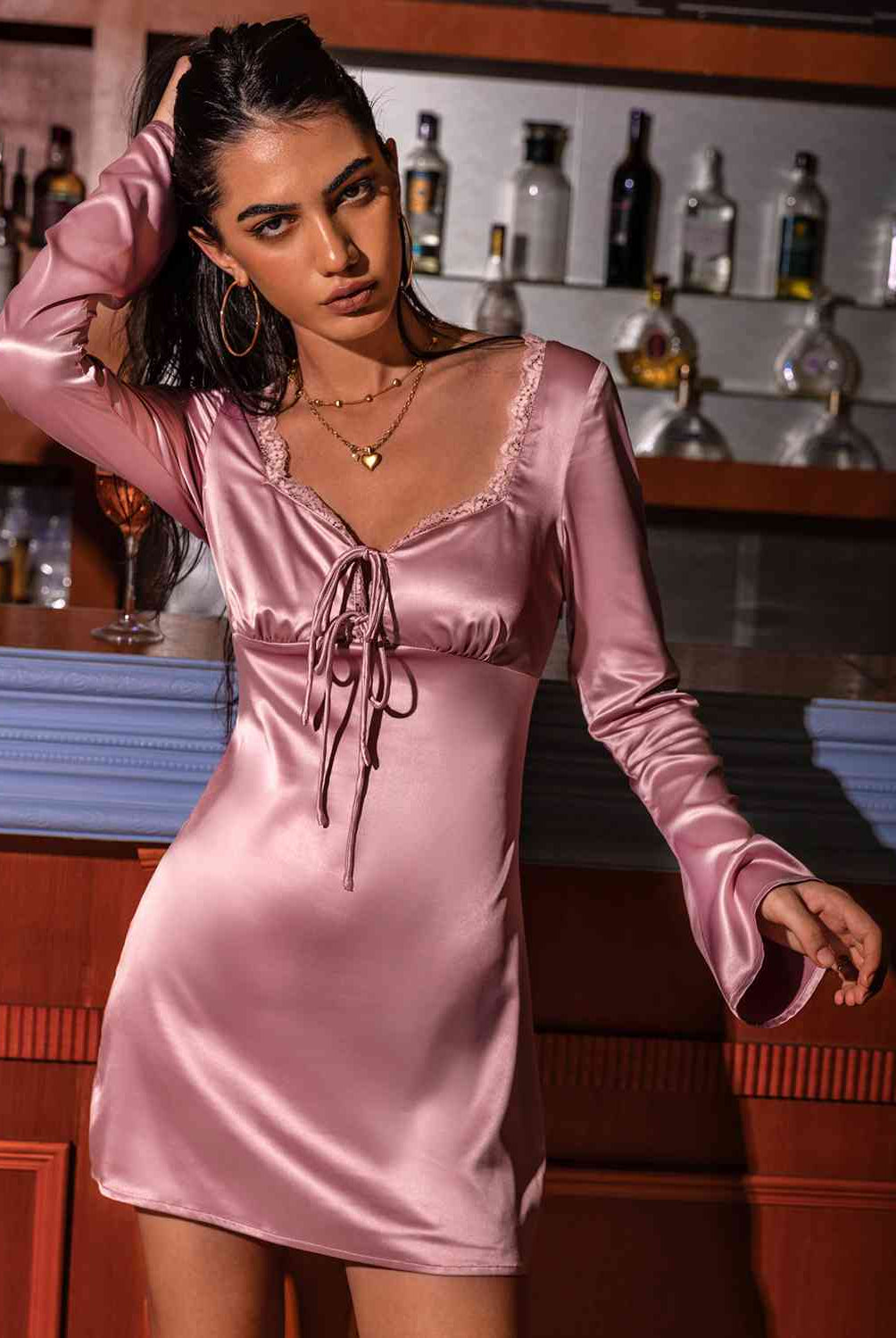 Tied Sweetheart Neck Long Sleeve Night Dress - GemThreads Boutique