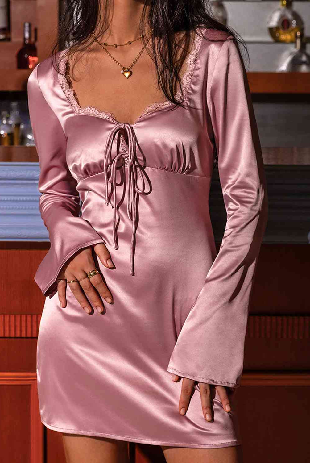 Tied Sweetheart Neck Long Sleeve Night Dress - GemThreads Boutique