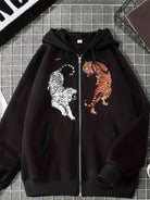 Tiger Graphic Zip Up Drawstring Hoodie with Pockets - GemThreads Boutique