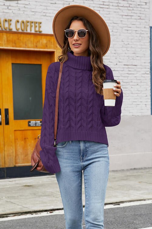 Turtleneck Cable-Knit Long Sleeve Sweater - GemThreads Boutique