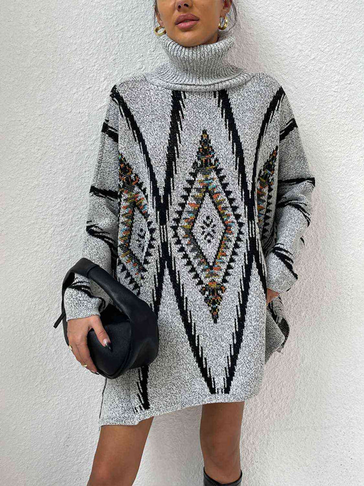 Turtleneck Slit Geometric Sweater - GemThreads Boutique