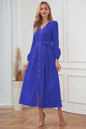 V-Neck Button Up Tie Front Long Sleeve Dress - GemThreads Boutique