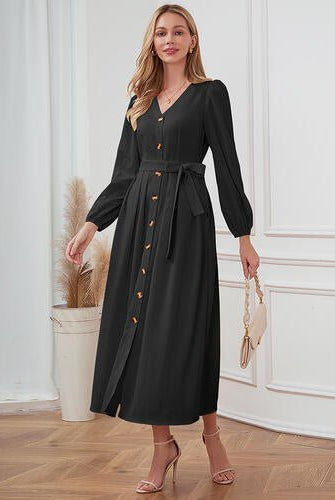V-Neck Button Up Tie Front Long Sleeve Dress - GemThreads Boutique