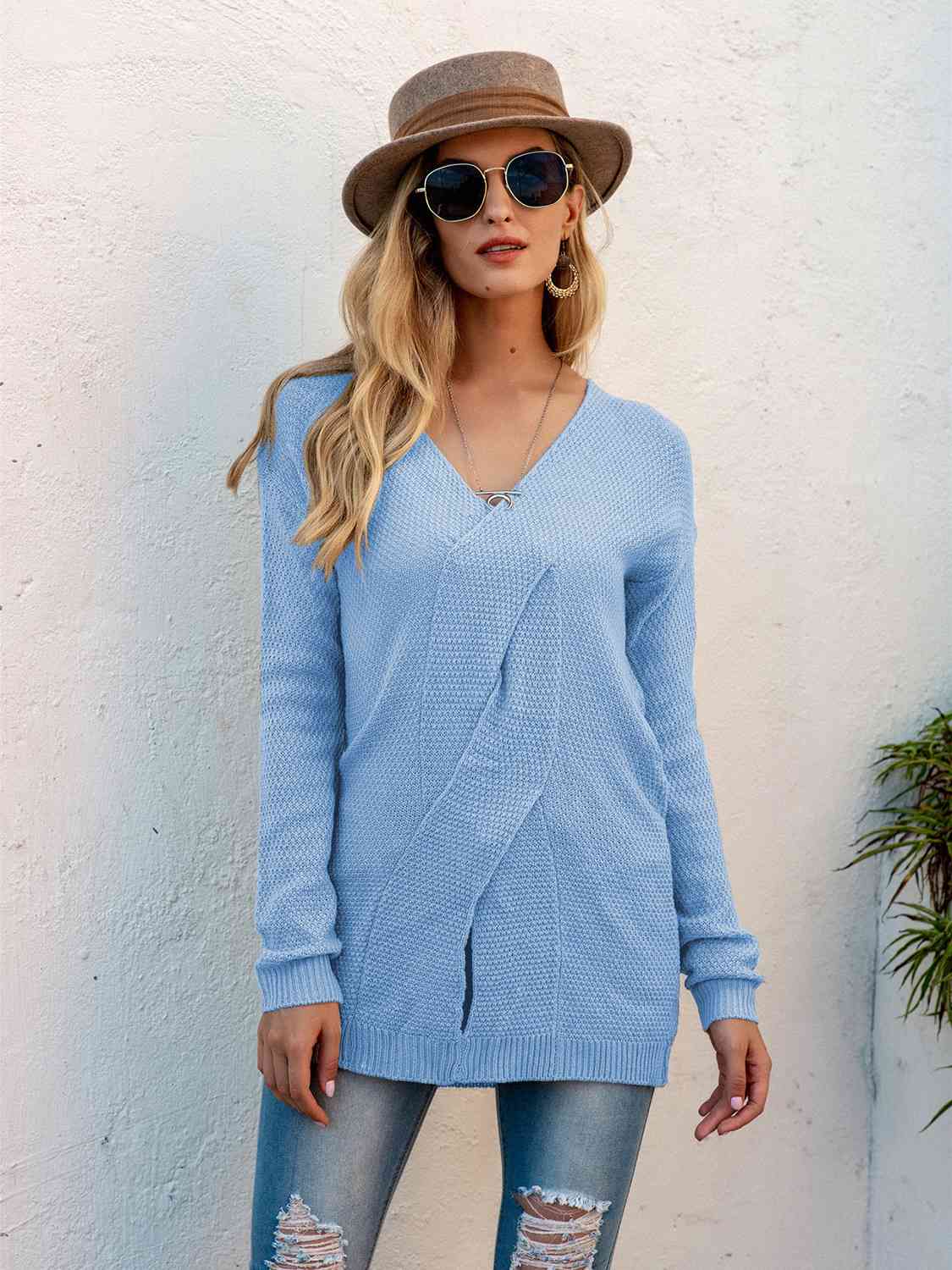 V-Neck Crisscross Detail Sweater - GemThreads Boutique