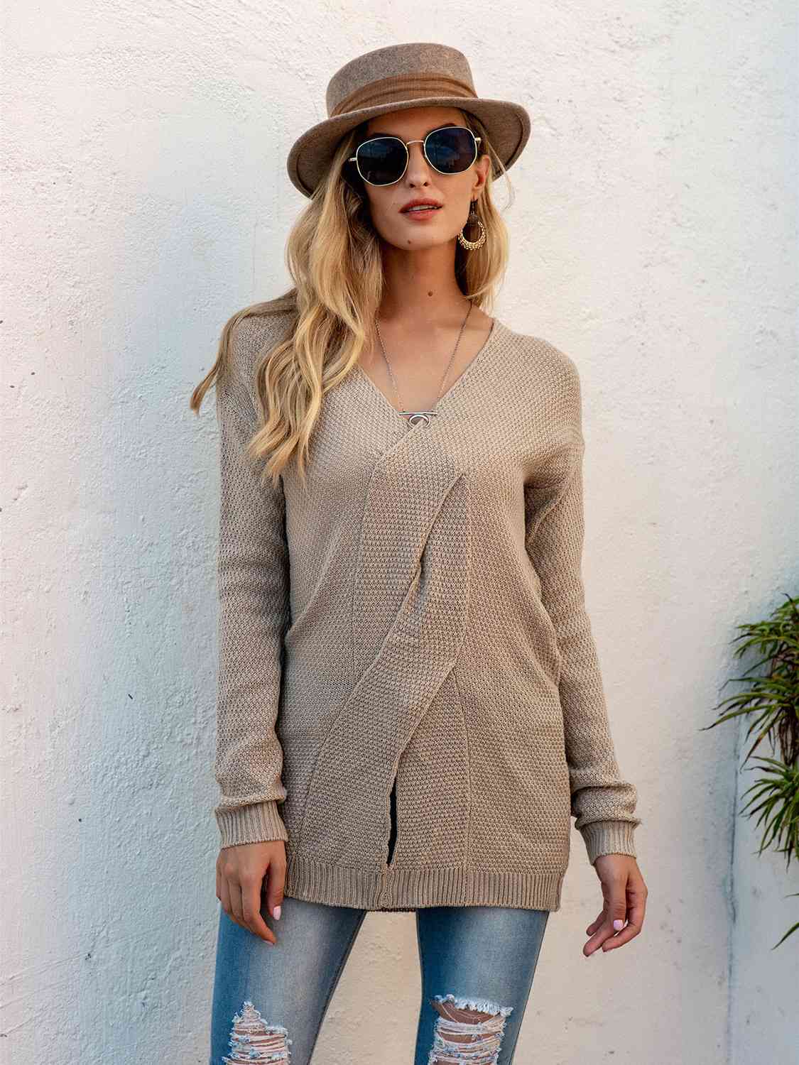 V-Neck Crisscross Detail Sweater - GemThreads Boutique