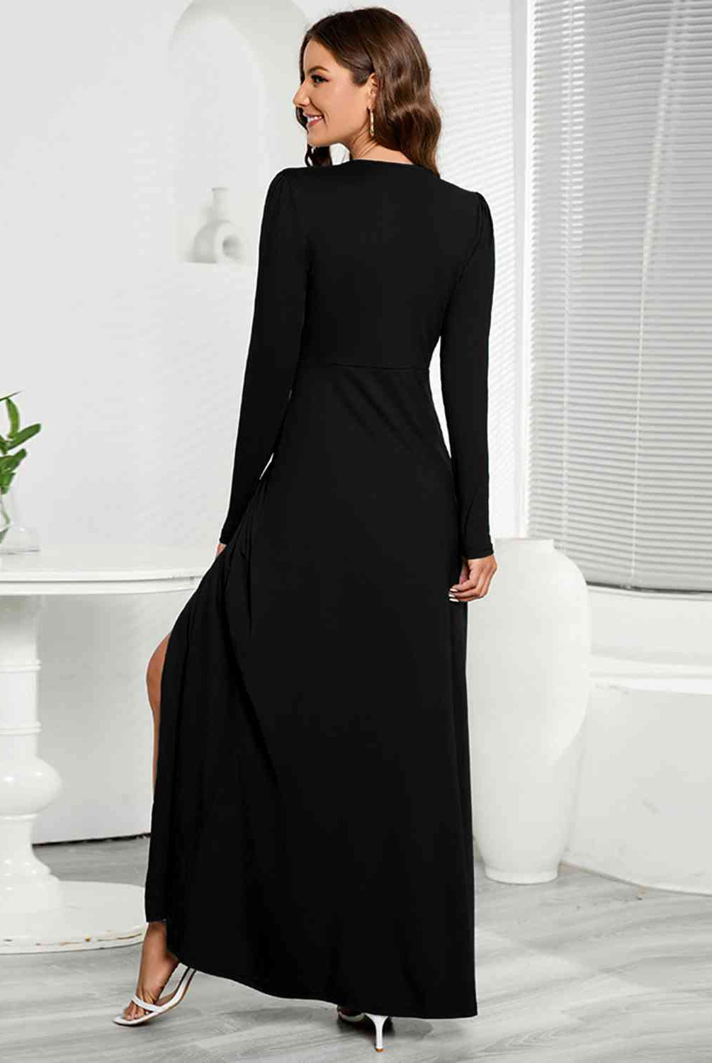 V-Neck Long Sleeve Split Dress - GemThreads Boutique
