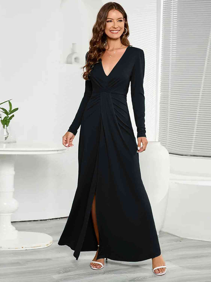V-Neck Long Sleeve Split Dress - GemThreads Boutique