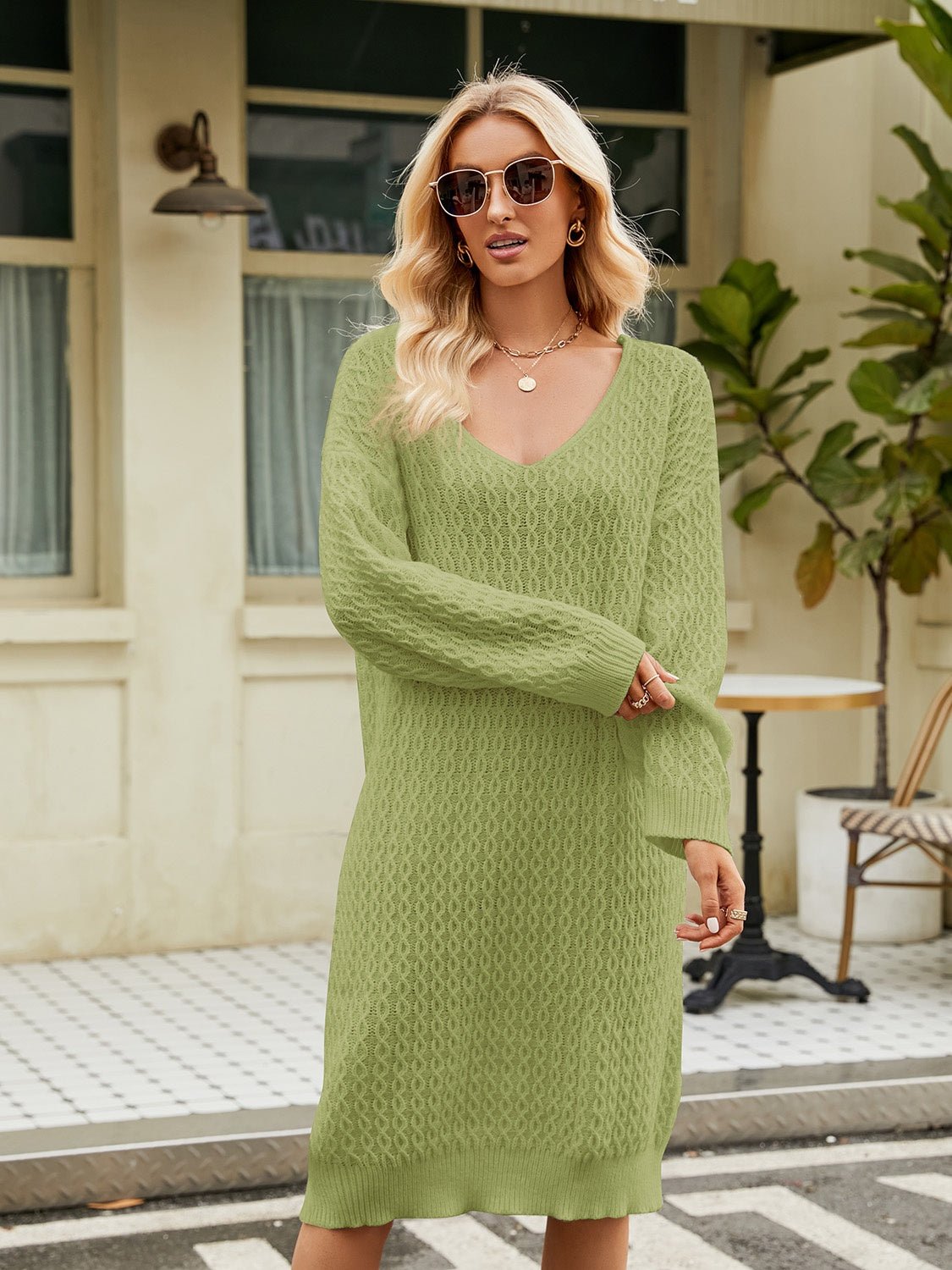 V-Neck Long Sleeve Sweater Dress - GemThreads Boutique