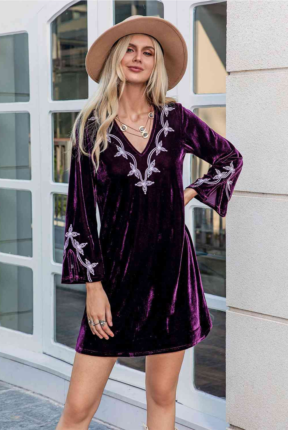 V-Neck Long Slit Sleeve Mini Dress - GemThreads Boutique