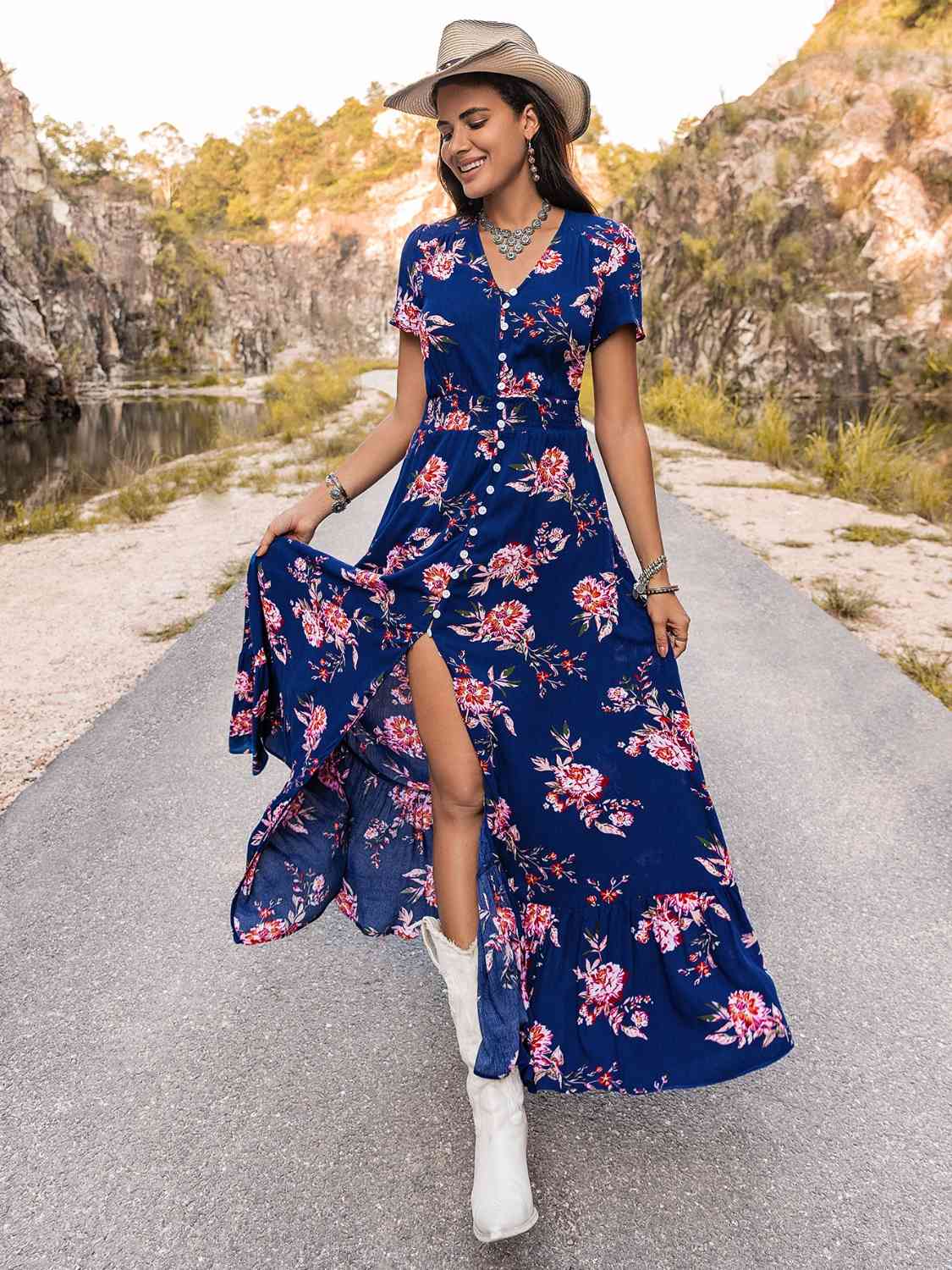 V-Neck Short Sleeve Maxi Dress - GemThreads Boutique