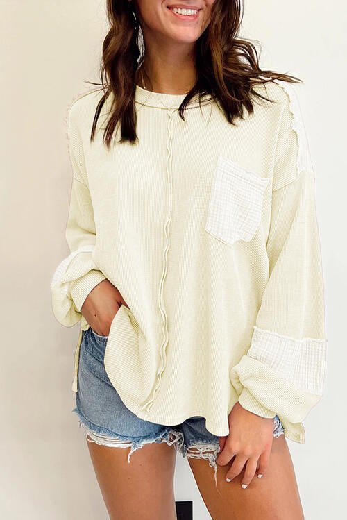 Waffle-Knit Exposed Seam Lantern Sleeve Blouse - GemThreads Boutique