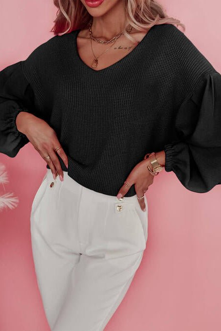 Waffle -Knit V-Neck Long Sleeve Blouse - GemThreads Boutique