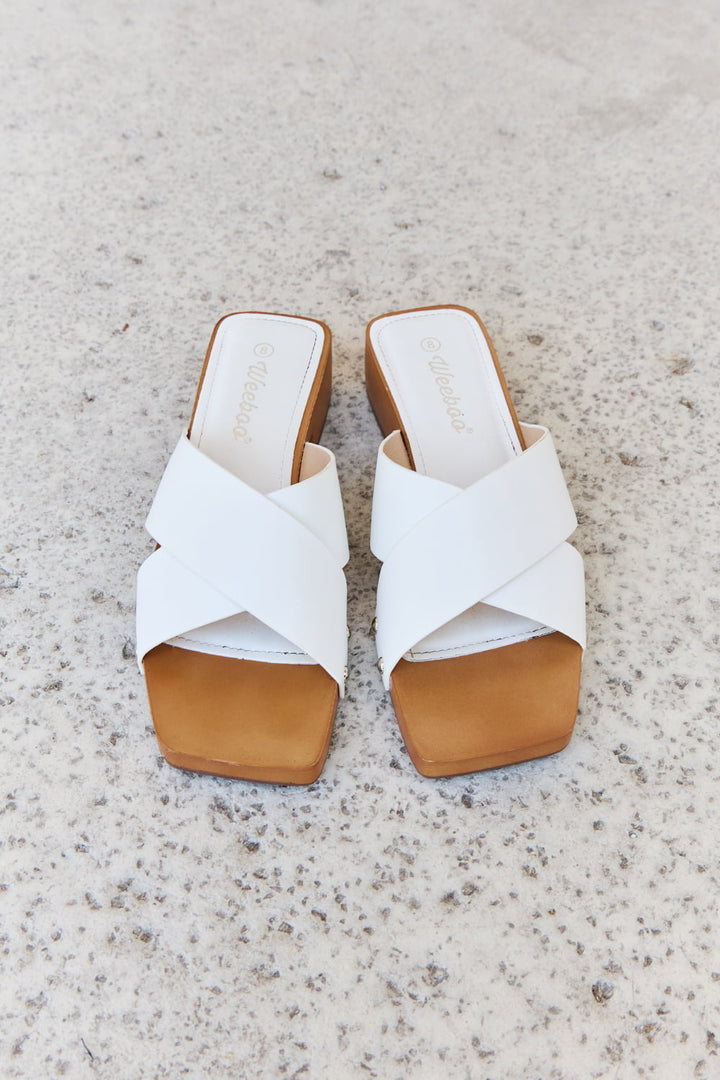 Weeboo Step Into Summer Criss Cross Wooden Clog Mule in White - GemThreads Boutique