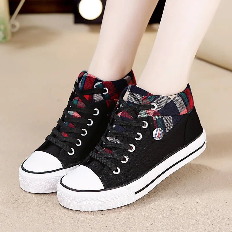 Womens Canvas High Top Sneakers Women Plaid Flat Shoes Breathable Lace Up Sneakers with Platform Zapatillas Mujer Casual Negras - GemThreads Boutique