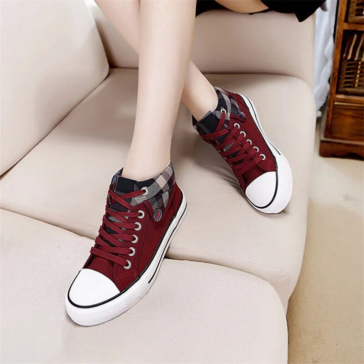 Womens Canvas High Top Sneakers Women Plaid Flat Shoes Breathable Lace Up Sneakers with Platform Zapatillas Mujer Casual Negras - GemThreads Boutique