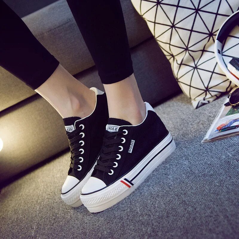 Womens Canvas Sneaker Black Wedge Sneakers Women Fashion Breathable Lace-Up Hidden Heel Sneakers Platform White Chunky Trainers - GemThreads Boutique