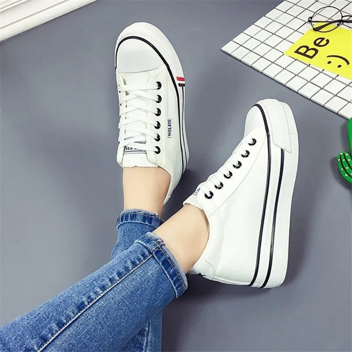 Womens Canvas Sneaker Black Wedge Sneakers Women Fashion Breathable Lace-Up Hidden Heel Sneakers Platform White Chunky Trainers - GemThreads Boutique