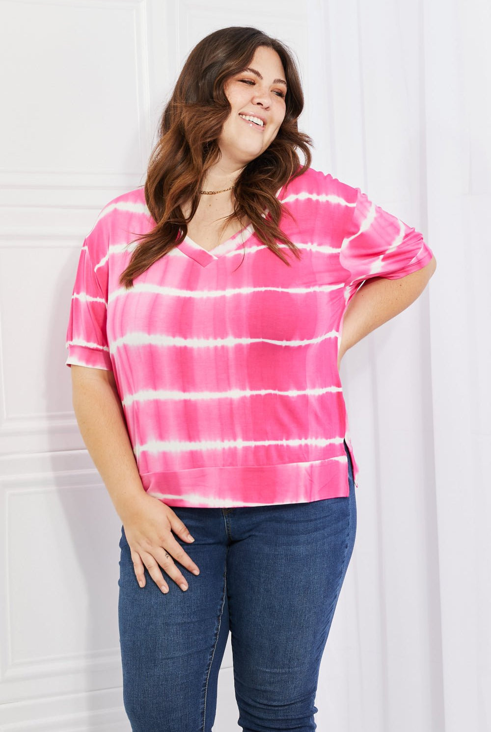 Yelete Full Size Oversized Fit V-Neck Striped Top - GemThreads Boutique