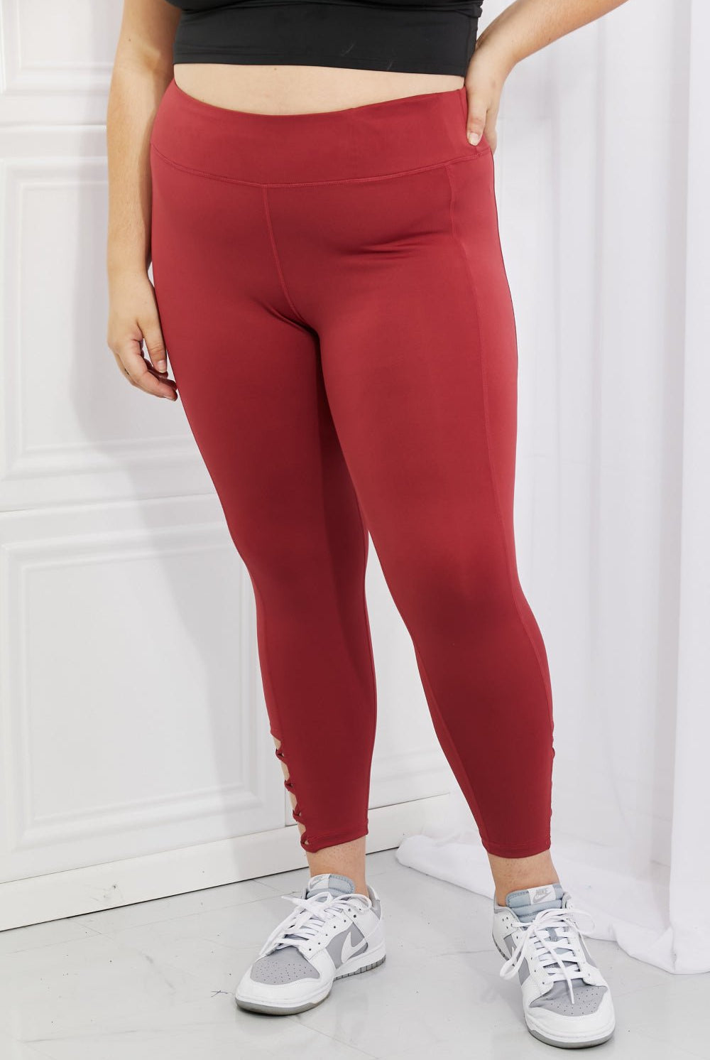 Yelete Ready For Action Full Size Ankle Cutout Active Leggings in Brick Red - GemThreads Boutique