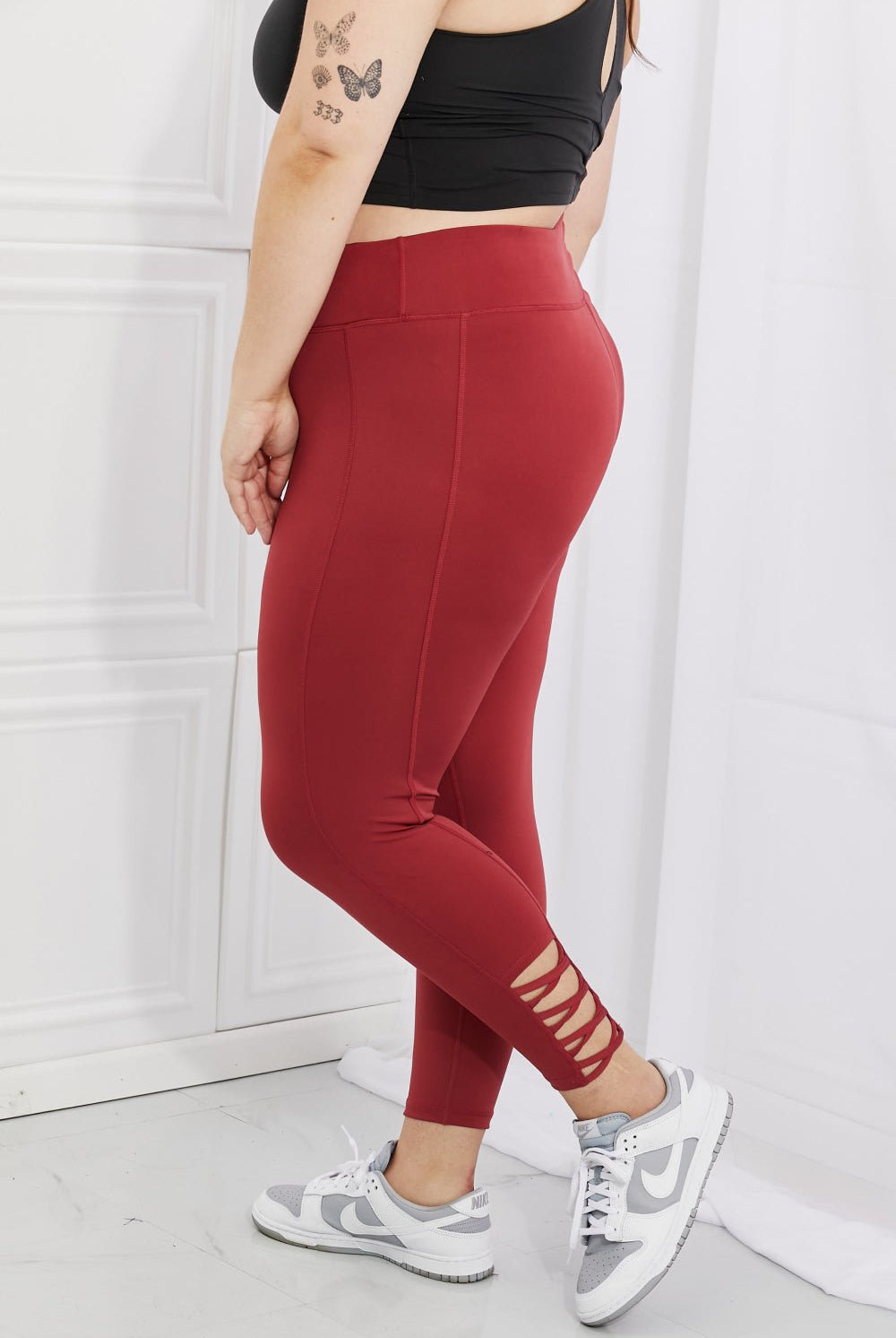 Yelete Ready For Action Full Size Ankle Cutout Active Leggings in Brick Red - GemThreads Boutique