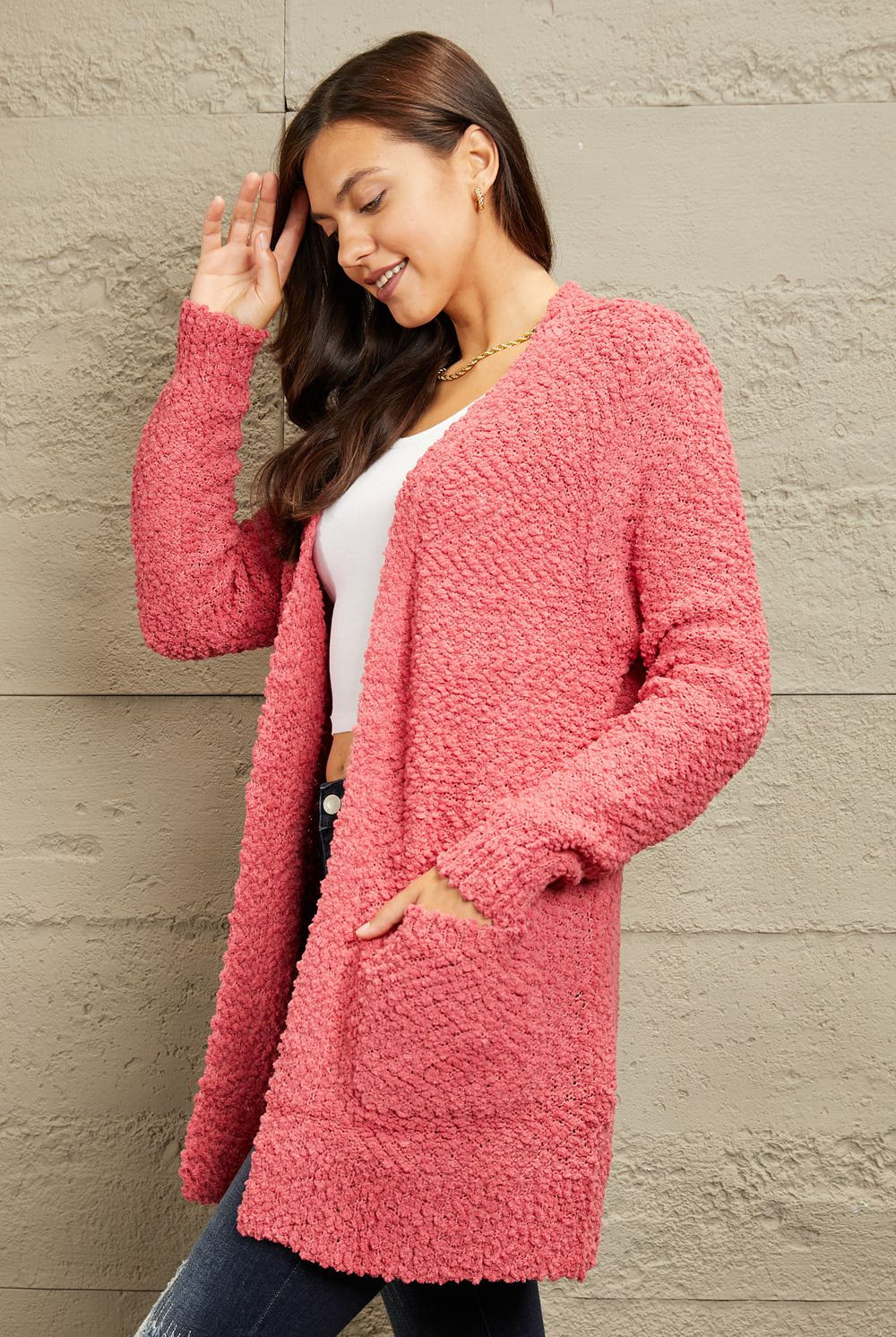 Zenana Falling For You Full Size Open Front Popcorn Cardigan - GemThreads Boutique