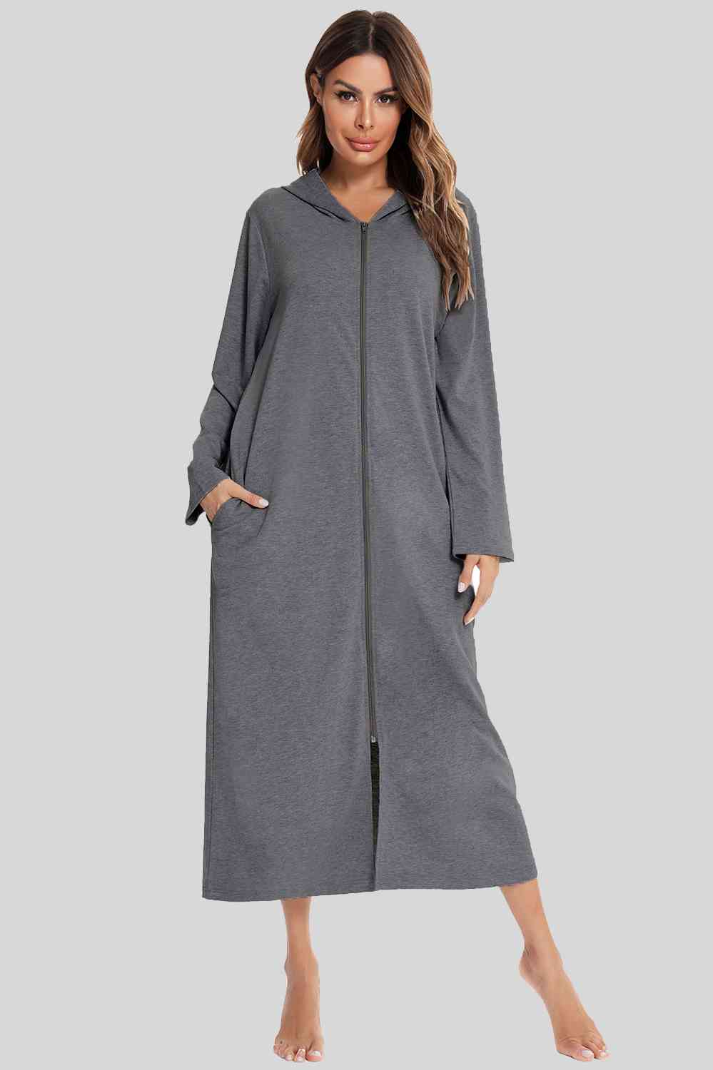 Zip Front Hooded Night Dress with Pockets - GemThreads Boutique