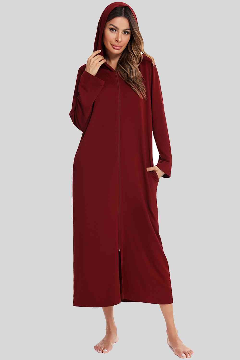 Zip Front Hooded Night Dress with Pockets - GemThreads Boutique