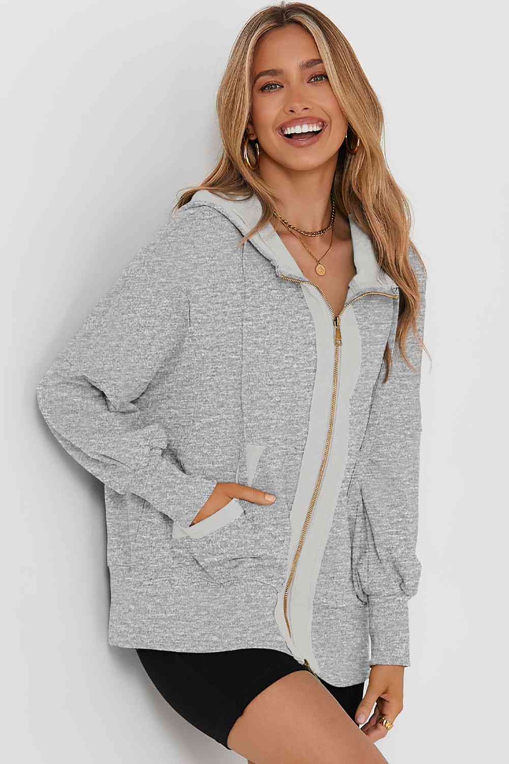 Zip Up Long Sleeve Drawstring Hoodie - GemThreads Boutique